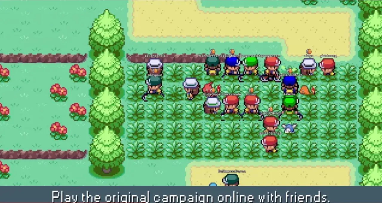 Postacie z gry pokemon mmo zbierają się w trawiastym terenie, gotowi na przygodę.