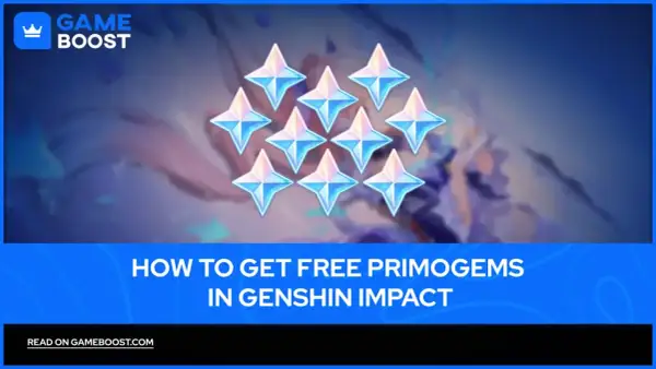 Dziesięć błyszczących kryształów Primogem na tle postaci z Genshin Impact. Poradnik, jak zdobyć darmowe Primogemy w Genshin Impact, idealny na każdy event.