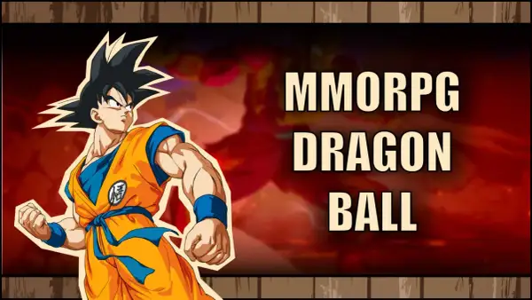 Goku w pomarańczowym gi szykuje się do walki w strefie Dragon Ball. Napis "MMORPG DRAGON BALL" zapowiada grę.