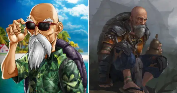 Master Roshi w okularach przeciwsłonecznych na plaży i ten sam mistrz w zbroi, z brodą i butelką.