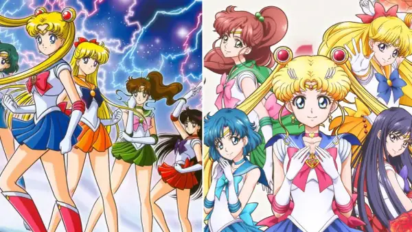 Sailor Moon anime: wojowniczki w strojach z błyskawicami i kwiatami.