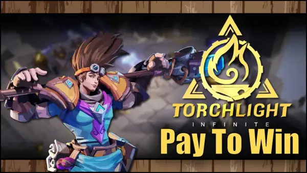 Postać z gry Torchlight: Infinite z młotem, obok logo gry i napisu "Pay To Win".