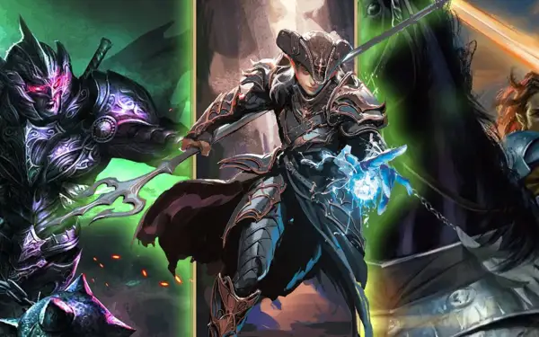 Eldritch knight w zbroi, z mieczem i magiczną kulą energii. Obok mroczna postać i ork.