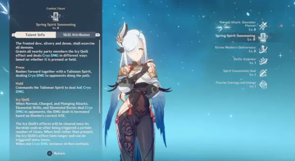 Postać Shenhe z Genshin Impact, prezentująca jej umiejętności bojowe, w tym "Spring Spirit Summoning" i "Icy Quill", które zadają obrażenia Cryo.