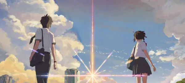 Chłopiec i dziewczyna patrzą na niebo, gdzie rozbłyska światło. Czy to znak, że ich losy się połączą, jak w "Kimi no na"?