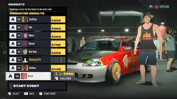 Gracz w grze NFS Edge przygotowuje się do wyzwania, wybierając przeciwnika z listy.