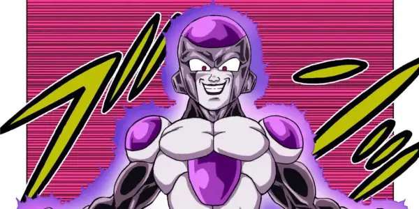 Złowrogi Frieza z Dragon Ball, otoczony fioletową aurą, uśmiecha się złowieszczo na tle różowych linii i żółtych błyskawic.