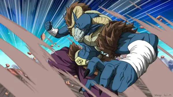 Moro, potężny złoczyńca z Dragon Ball, w akcji. Jego niebieska skóra i rogi dodają mu groźnego wyglądu.