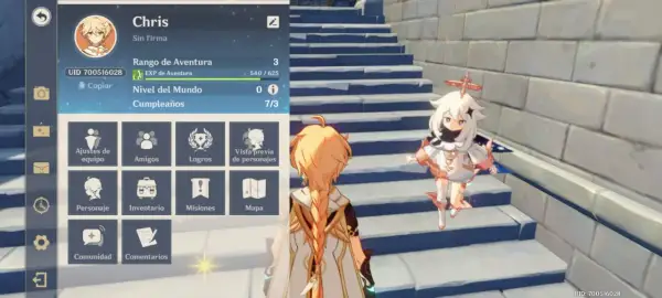 Postać z Genshin Impact, Chris, i Paimon stoją na schodach. To dowód na to, że gra Genshin Impact crossplay jest możliwa.