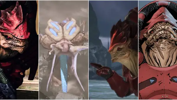 Cztery różne ujęcia Wrex z Mass Effect: groźny wojownik, jego głowa z bliska, w zbroi i w komiksowym stylu.