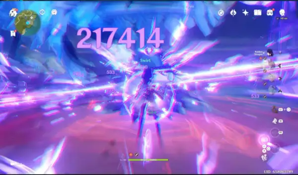 Genshin Raiden zadaje potężny cios, zadając 217414 obrażeń. Wokół niej wiruje fioletowa energia.