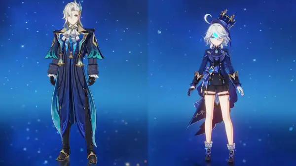 Dwaj bohaterowie Genshin Impact, wysoki mężczyzna i niższa dziewczyna, prezentują swoje stroje. Różnice w **genshin characters height** są widoczne.