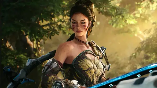 Aloy z Horizon Steel Frontiers, z łukiem w dłoni, w słonecznym lesie.