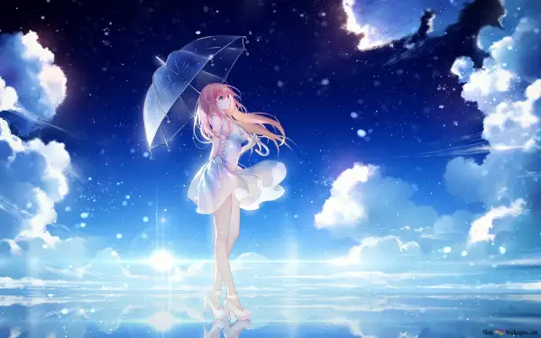Urocze anime dziewczynki z różowymi włosami, trzymające przezroczysty parasol, stoją na lustrzanej tafli wody pod rozgwieżdżonym niebem.