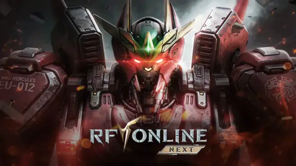 Potężny mech z gry Revelation Online, z czerwonymi, świecącymi oczami i zielonym akcentem na głowie.