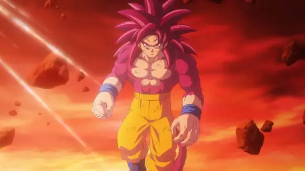 Goku w formie SSJ4, z różowym futrem i długimi, czerwonymi włosami, stoi na tle czerwonego, burzowego nieba.