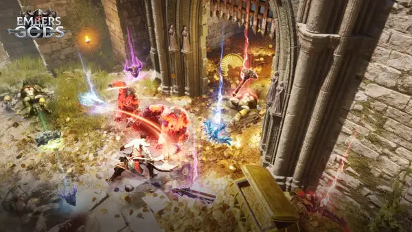 Bitwa w świecie Embers of the Gods, gdzie gracze walczą o skarby. To jedna z tych emocjonujących, **stare gry mmo**, które wciągają na długie godziny.