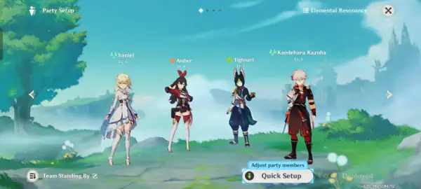 Genshin Impact postacie: Lumine, Amber, Tighnari i Kazuha stoją gotowi do walki.