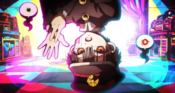 Chłopak z anime, wiszący do góry nogami, otoczony przez latające oczy i kolorowe meble. Czy anime jest złe? To pytanie zadaje sobie wielu, ale ta scena sugeruje coś więcej niż tylko rozrywkę.