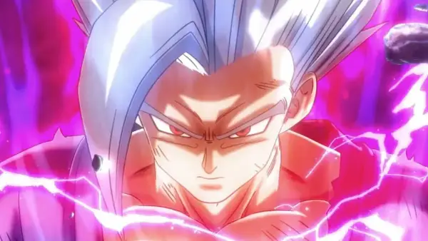 Gohan w swojej najpotężniejszej formie, z białymi włosami i intensywnym spojrzeniem, otoczony fioletową aurą i błyskawicami. To jego Ultra Instynkt.