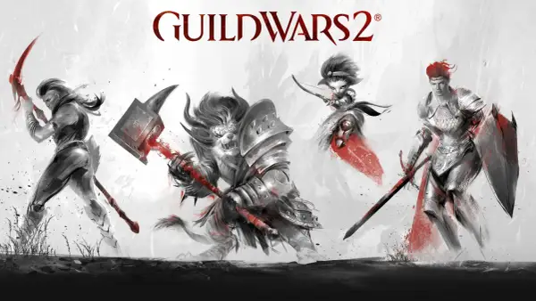 Cztery postacie z Guild Wars 2 dodatki: wojowniczka z kosą, charr z młotem, sylvari łuczniczka i człowiek w zbroi.