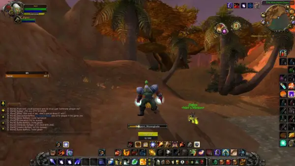 Gracz w grze MMORPG, postać orka z zieloną czupryną, stoi na pustynnym terenie z palmami. Widoczny interfejs gry, czat i paski umiejętności. Wow polski serwer!