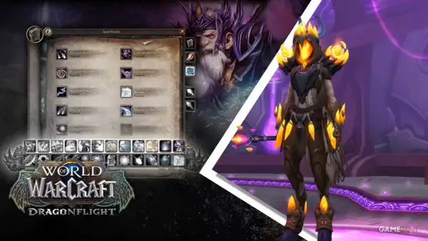 Interfejs gry World of Warcraft Dragonflight z oknem zaklęć maga, pokazującym umiejętności takie jak Arcane Power i Mastery: Savant, kluczowe dla optymalnej arcane mage rotation.