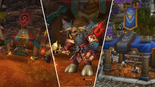 Targowisko w Azeroth: Horda i Przymierze handlują w swoich osadach. W centrum potężny tauren w zbroi.