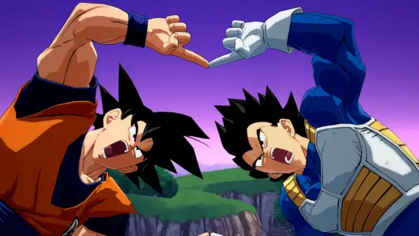 Goku i Vegeta wykonują taniec fuzji, przygotowując się do potężnego połączenia w Dragon Ball.