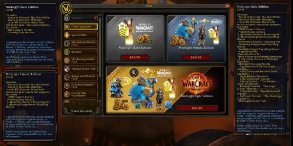 Ekran sklepu World of Warcraft z edycjami Midnight: Base, Heroic i Epic. Wow gra!