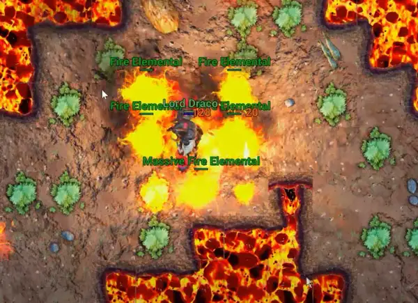 W świecie tibia 3d, gracz walczy z Lordem Draco Elemental, otoczonym przez ogień i innych żywiołaków.