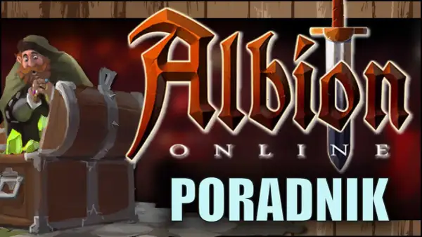 Krasnolud z brodą przegląda skrzynię pełną klejnotów. W tle logo gry Albion Online i napis "PORADNIK".