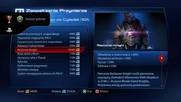 Pancerz Reckoner-Knight, element wyposażenia dla towarzyszy z Mass Effect 3, zwiększa obrażenia i tarcze.