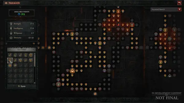 Interfejs drzewka umiejętności Diablo 4 z dostępnymi 195 punktami. Widoczne statystyki postaci i dostępne glify.