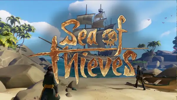 Złoty napis "Sea of Thieves" na tle tropikalnej wyspy, statku i dwóch piratów. Rozpoczynają się opowieści o piratach!