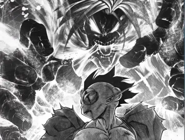 Potężny demon z Dragon Ball Kakumei w furii, otoczony mroczną energią.