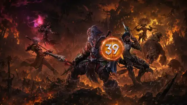 Bohaterowie Diablo 3 sezon 39 walczą z hordami demonów na tle płonącego świata.