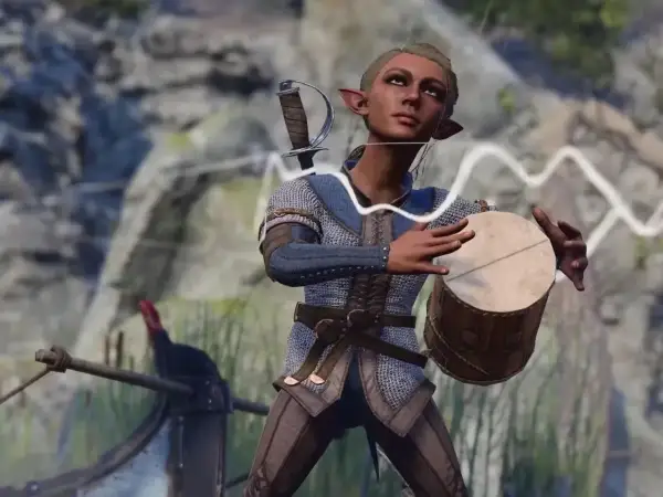 Elfka BG3 bard gra na bębnie, gotowa do akcji.
