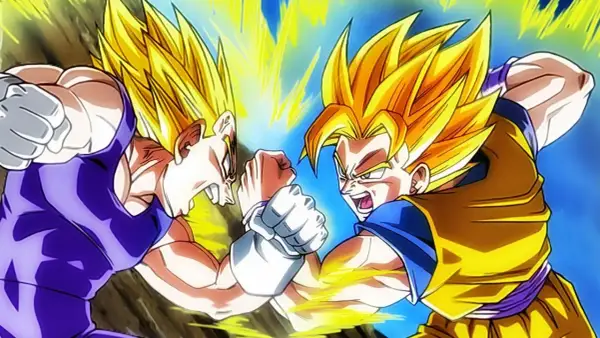 Goku i Vegeta w formie Super Saiyan walczą wręcz, ich pięści zderzają się, emanując potężną energią.