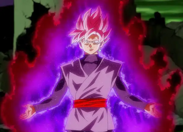 Goku Black w różowych włosach i czarnym stroju, otoczony fioletową i czerwoną aurą mocy, gotowy do walki.