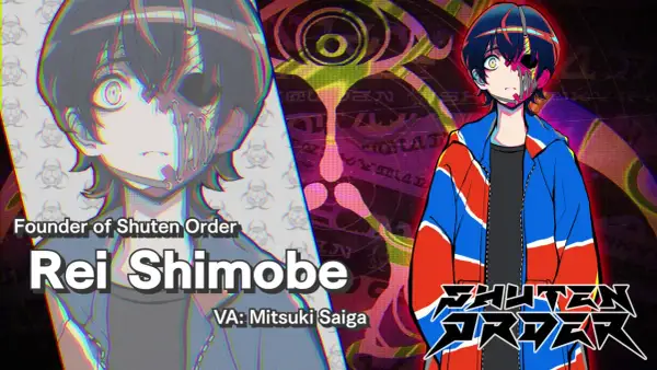 Rei Shimobe, założyciel Shuten Order, z uszkodzoną twarzą, w kolorowej kurtce. Styl graficzny przypomina gry od Spike Chunsoft.