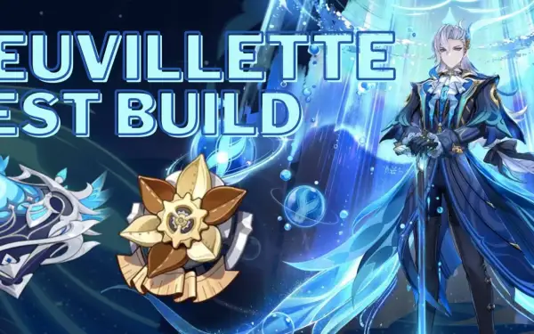 Neuvillette z Genshin Impact w niebieskim stroju, obok artefaktów. Tekst "NEUVILLETTE BEST BUILD" na górze.