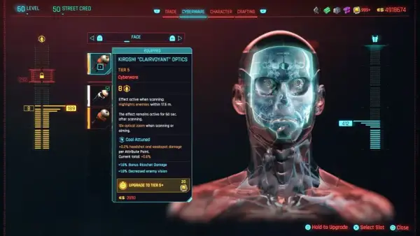 Cyberpunk 2077: menu z cyberware'em, gdzie widzimy ulepszenie dla oczu Kiroshi "Clairvoyant" Optics.