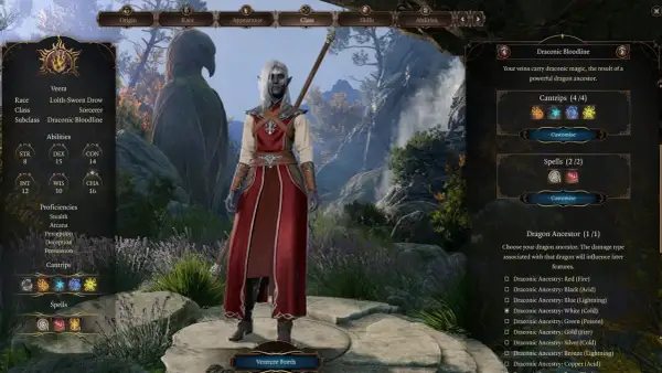 Postać BG3 Sorcerer, mroczna elfka z draconiczną krwią, gotowa do walki.