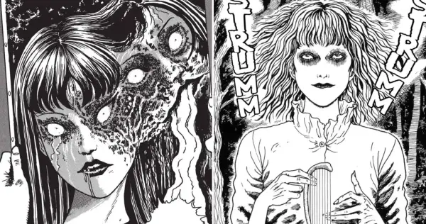 Dwie przerażające postacie z mangi Junji Ito. Po lewej dziewczyna z rozpadającą się twarzą, po prawej kobieta z pustymi oczami i lirą.