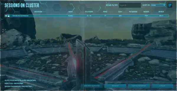 Lista sesji polskie serwery ark: Fjordur, 0/10 graczy, ping 77, dzień 244, tryb PVP.