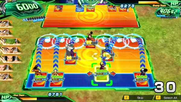 Bitwa w Dragon Ball Heroes: Goku i przyjaciele walczą z wrogami na arenie, zbierając energię i wykorzystując umiejętności.