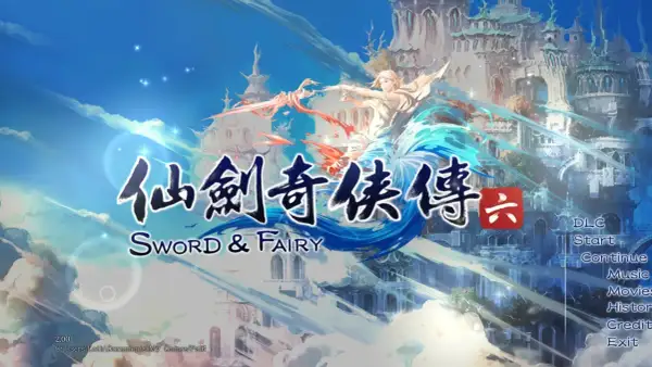 Postać z mieczem legend, na tle fantastycznego miasta. Tytuł gry: Sword & Fairy.