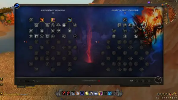 Gracz na poziomie 125 w World of Warcraft przegląda drzewko talentów szamana, wybierając umiejętności.