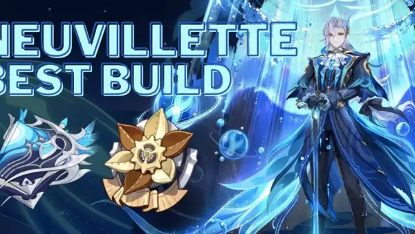Neuvillette z Genshin Impact w niebieskim stroju, obok artefaktów. Tekst "NEUVILLETTE BEST BUILD" sugeruje poradnik.